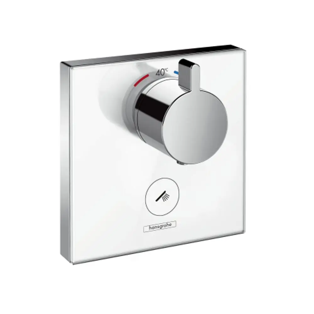 Hansgrohe Thermostat in verchromter Ausführung, runder Bedienknopf zur Einstellung der Temperatur, mit einem zusätzlichen Abgang für einen Verbraucher auf weißem Hintergrund.